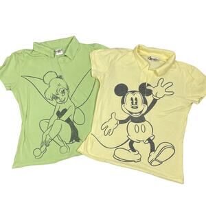 Disney Lot Of 2 Womens Short Sleeve Mickey & Tinkerbell Polo Shirts *Flaws